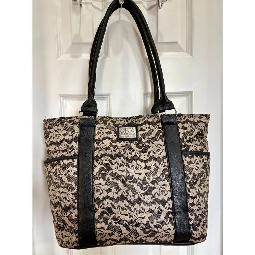 A.B.S./Allen Schwartz - Sweet Black & White Lace-Print Tote/Nylon. Large & Comfy